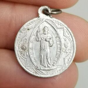 Vintage Saint Benedict Round Silver Tone Charm Pendant Medallion, Guardian